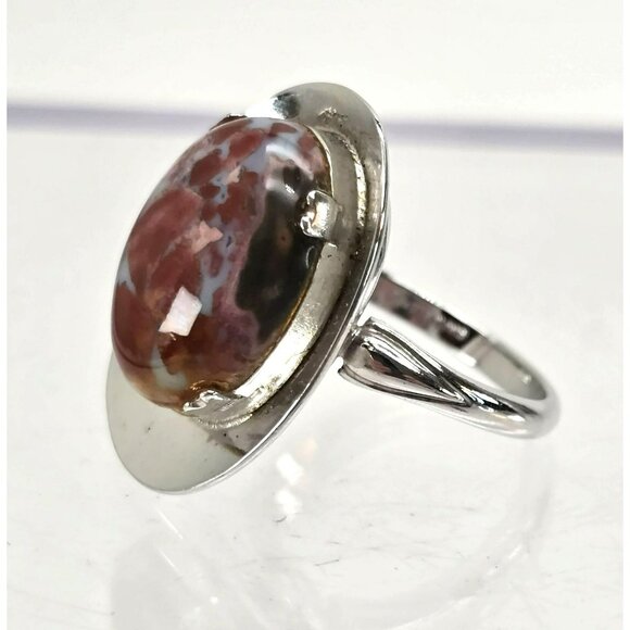 Sterling Silver Jasper Ring Cabachon Stone Hat Style Size 6.75 JJJ3779 - Picture 6 of 10